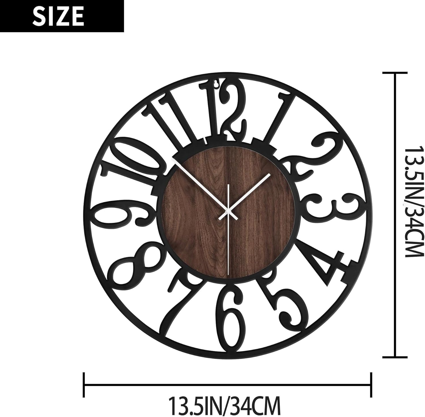 Elegant 13" Silent Non-Ticking Wall Clock - Antique Black Metal & Wood Design for Living Room, Bedroom, Kitchen, and Dining Room Decor with Arabic Numerals