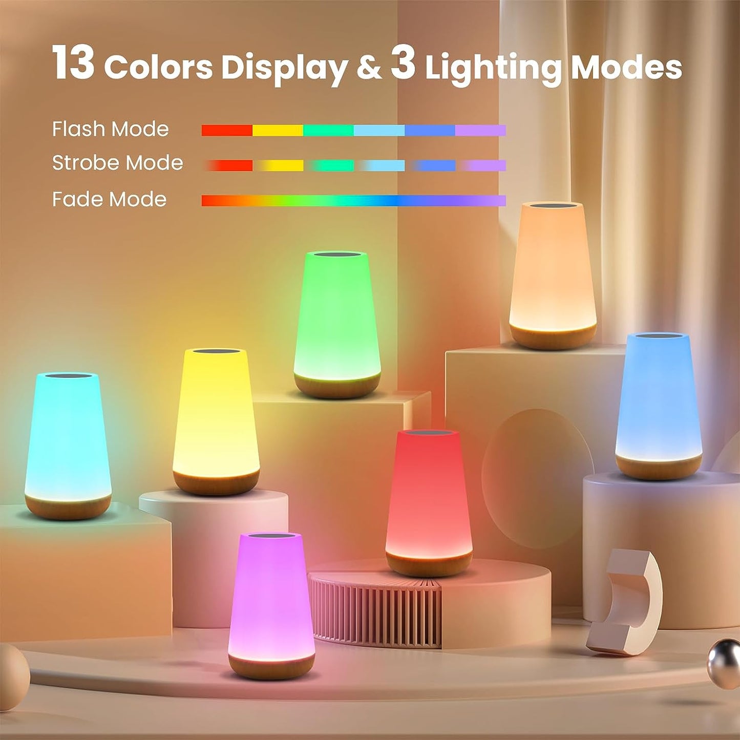 Dimmable Touch Night Light - Portable Bedside Lamp with 5 Brightness Levels & 13 RGB Colors for Nursery, Bedroom & Bathroom