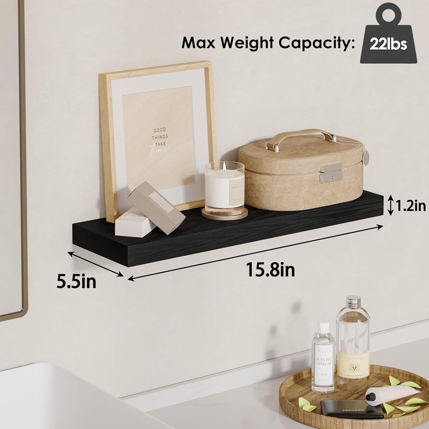Stylish Rustic Floating Shelves - Set of 4 Black Wall-Mounted Wood Shelves for Home Decor, Storage, and Organization (15.8 Inch)