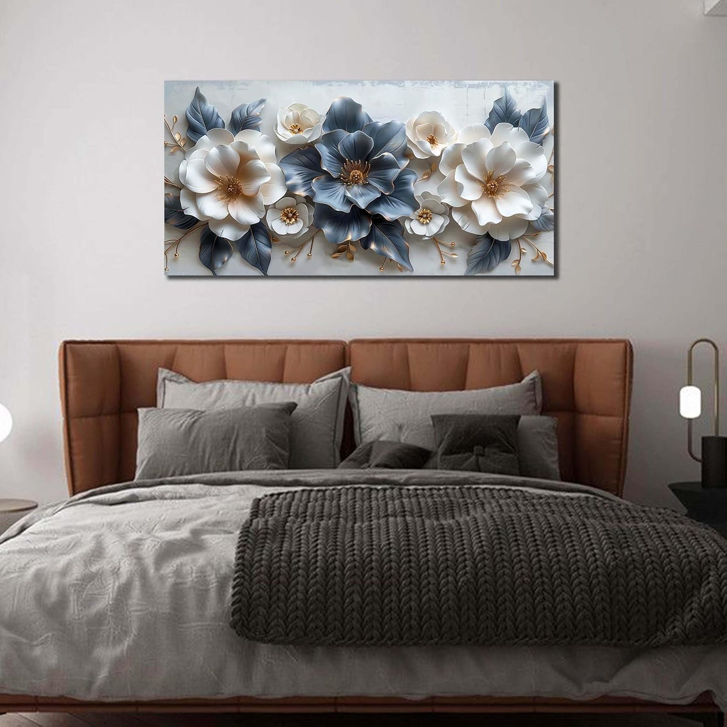 Stunning Blue and White Flower Prints Wall Art - Aesthetic 20" X 40" Decor for Living Room, Office, and Bedroom