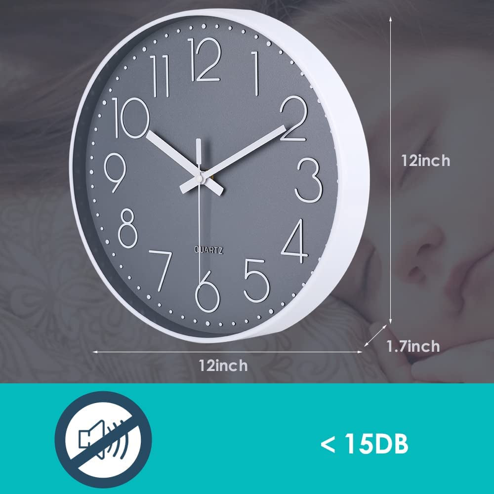 12-Inch Silent Non-Ticking Wall Clock - Modern Round Design for Home, Office, Kitchen, and More