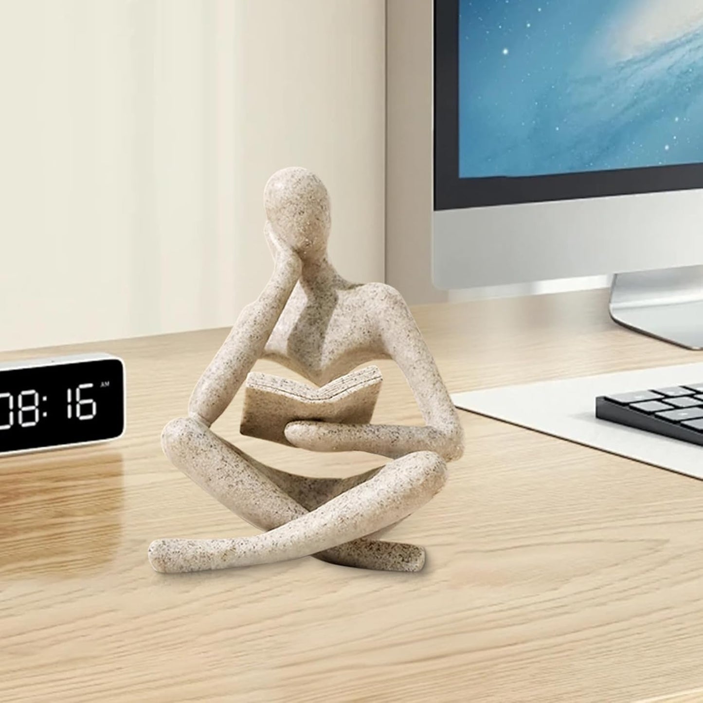 Abstract Thinker Statue - Modern Aesthetic Bookshelf Decor for Living Room & Office - Beige Reading Figurine for Coffee Table & Desk