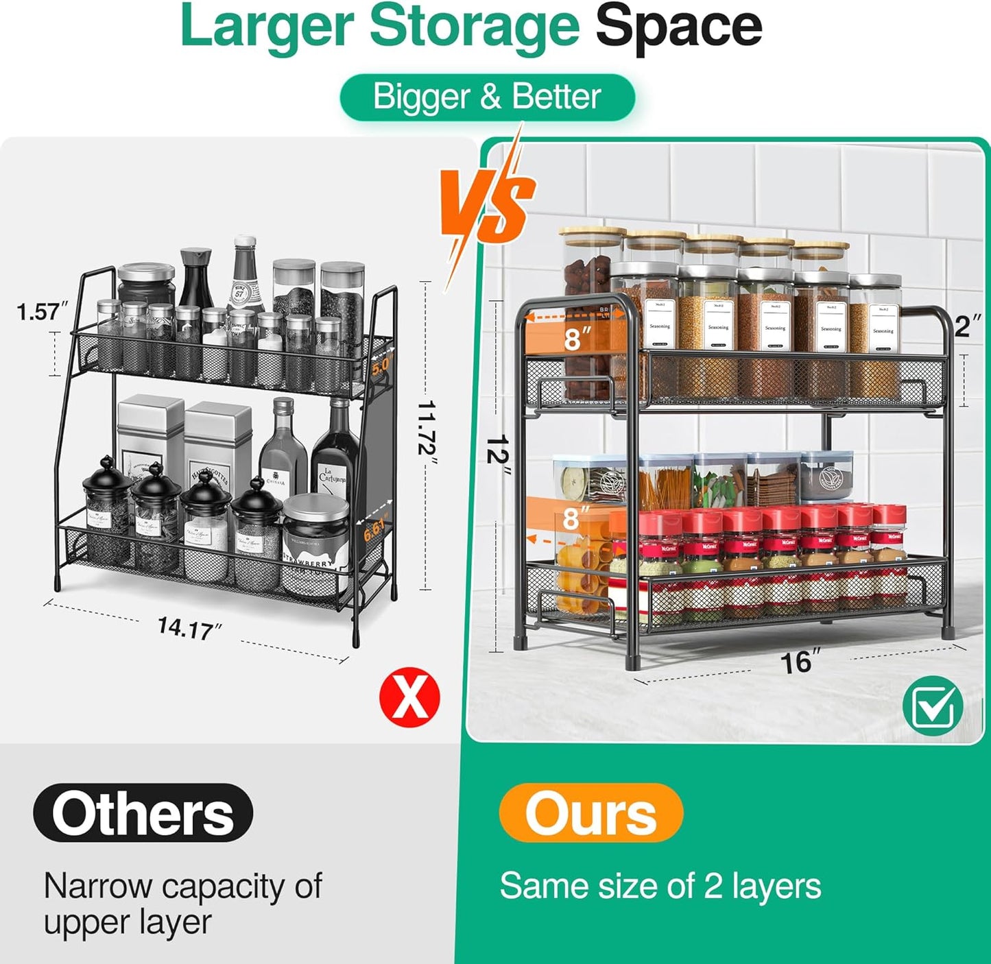 2-Tier Foldable Spice Rack Organizer - Rust-Proof Metal Seasoning Shelf with Guardrail & Mesh Design for Kitchen, Bathroom, Living Room, and Pantry - Sleek Black Finish