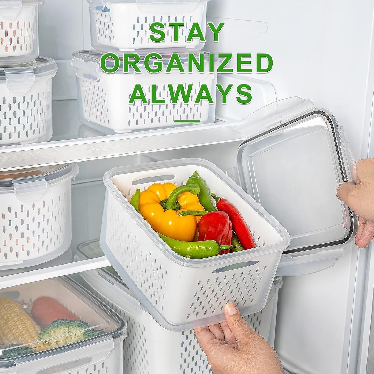 4-Piece Airtight Fruit Storage Containers with Removable Colander - Keep Berries and Vegetables Fresh Longer in the Fridge, Dishwasher Safe Produce Saver