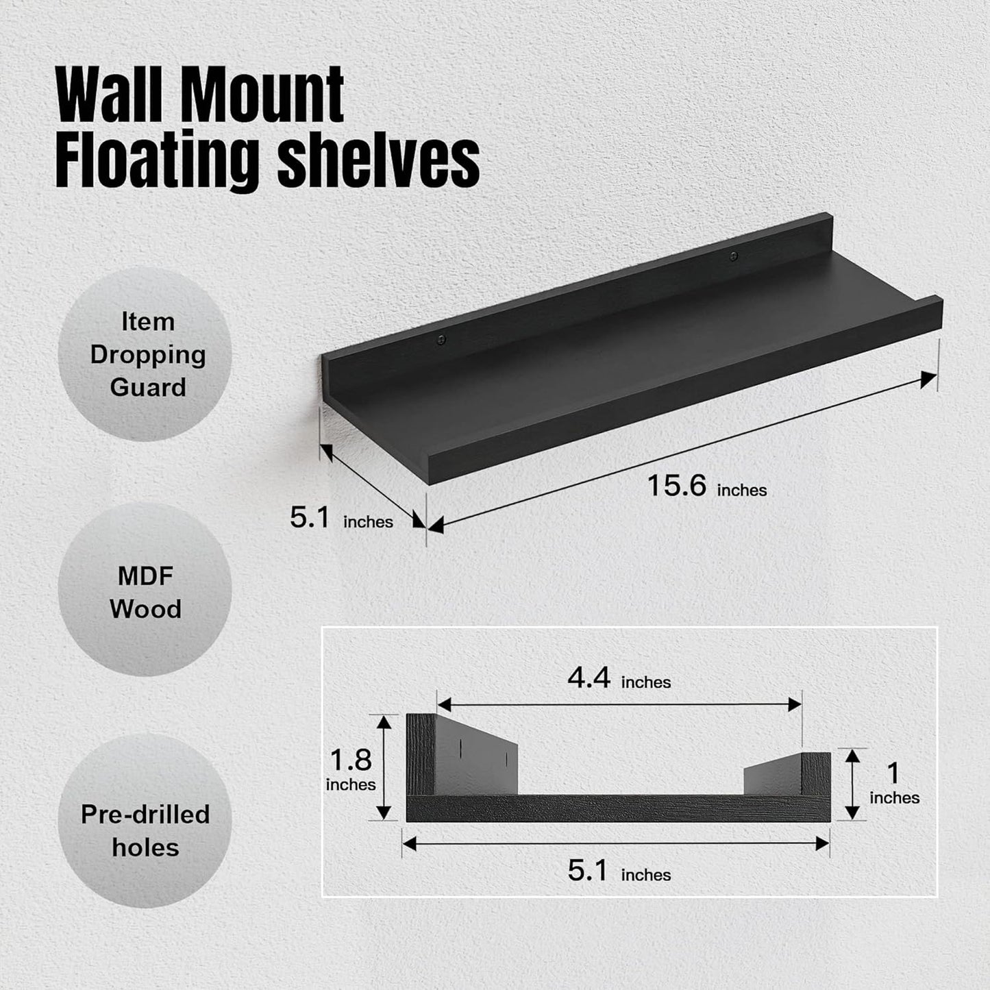 5-Piece Black Floating Wall Shelves - Stylish Picture Ledge for Nursery, Bedroom, Living Room & Bathroom Storage