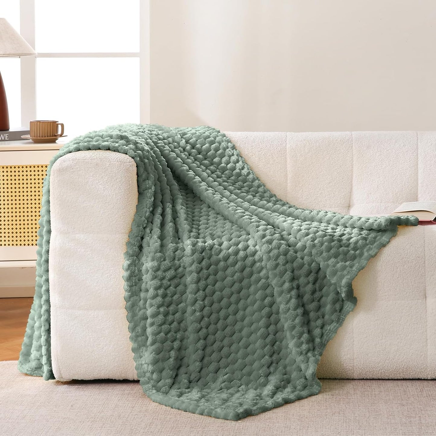 Sage Green Flannel Throw Blanket with Pillow Cover - Cozy 300 GSM Fleece for All Seasons, Perfect for Bed & Sofa (50x71 Inches)