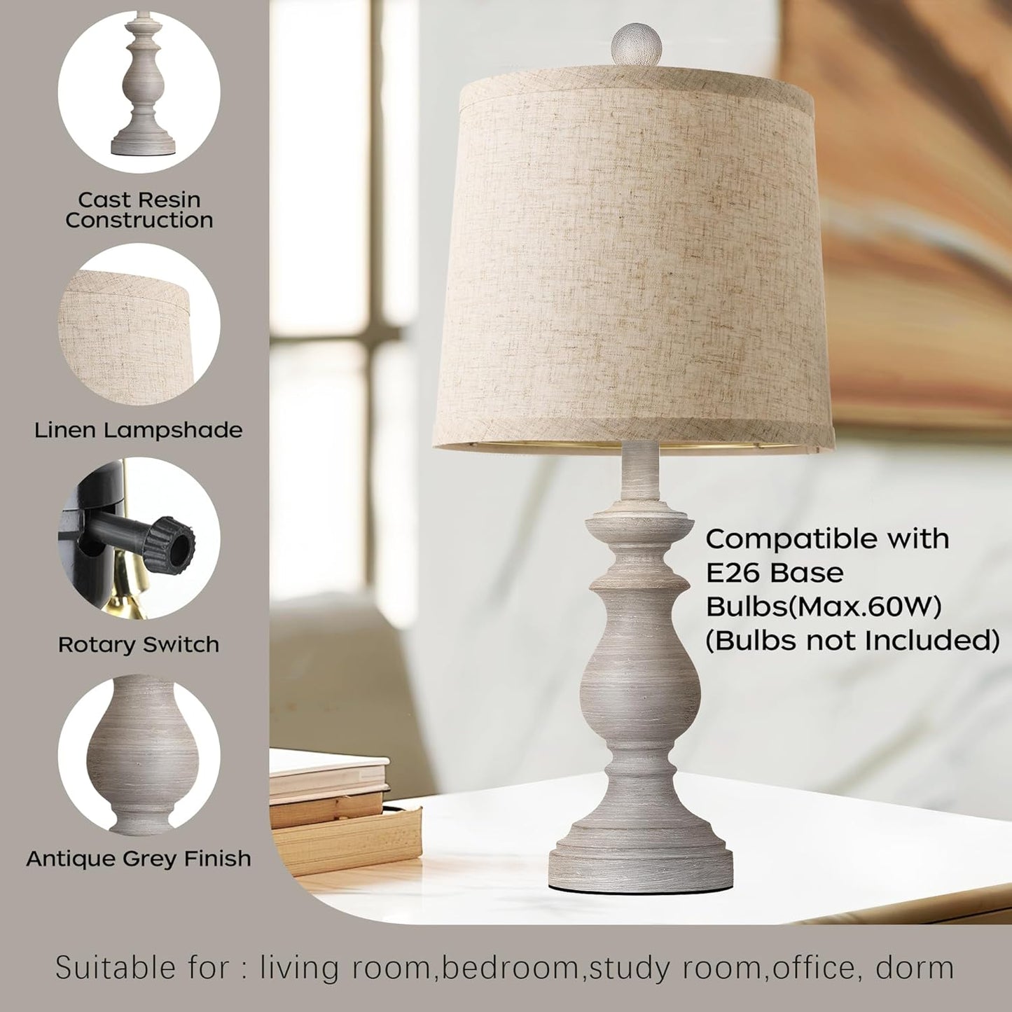 Rustic Farmhouse Table Lamp Set of 2 - 22" Vintage Nightstand Lamps with Linen Shades in Antique Grey for Living Room & Bedroom