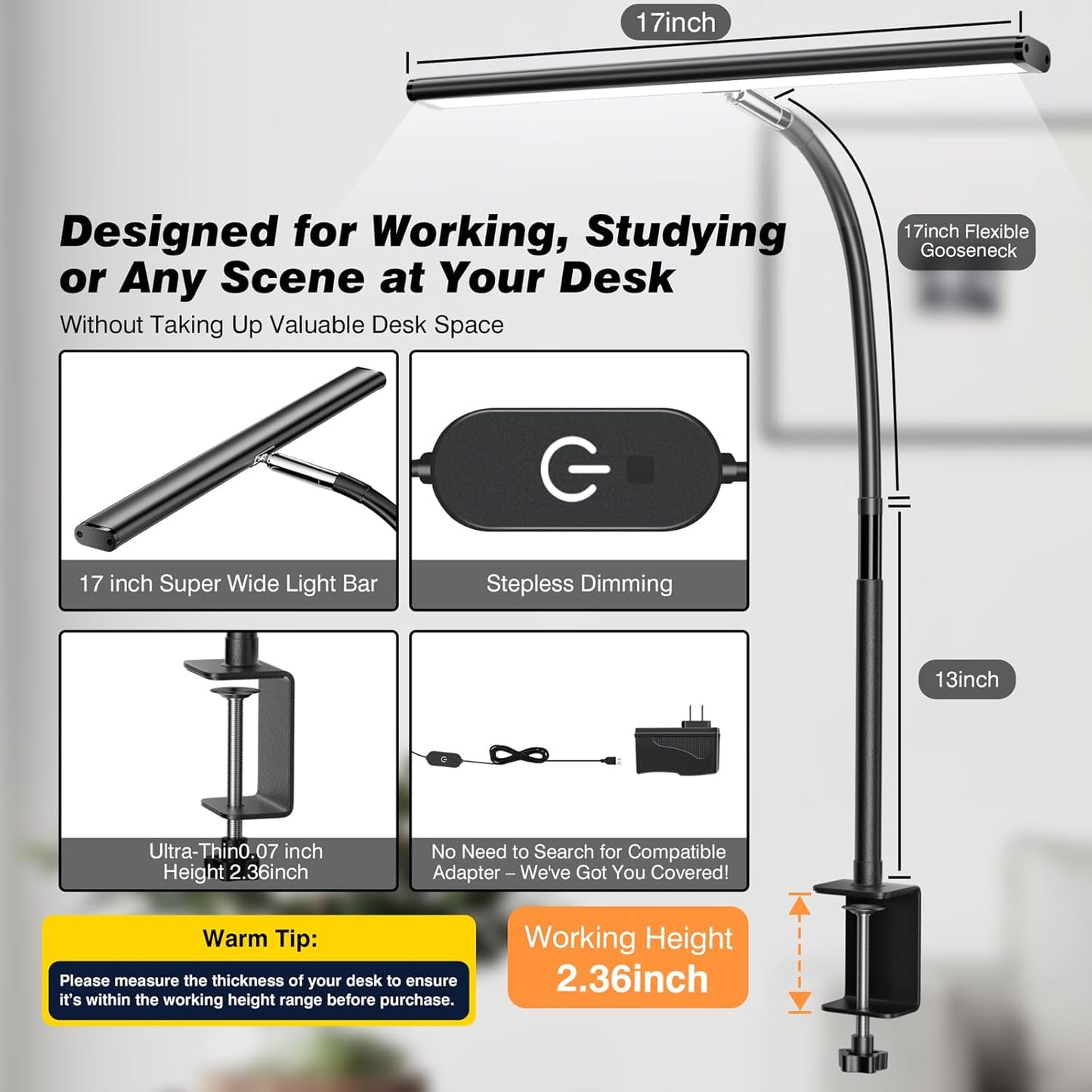 Versatile LED Desk Lamp with Stepless Dimming & Flexible Gooseneck - Eye-Caring Light for Office, Home, and Study (Black)