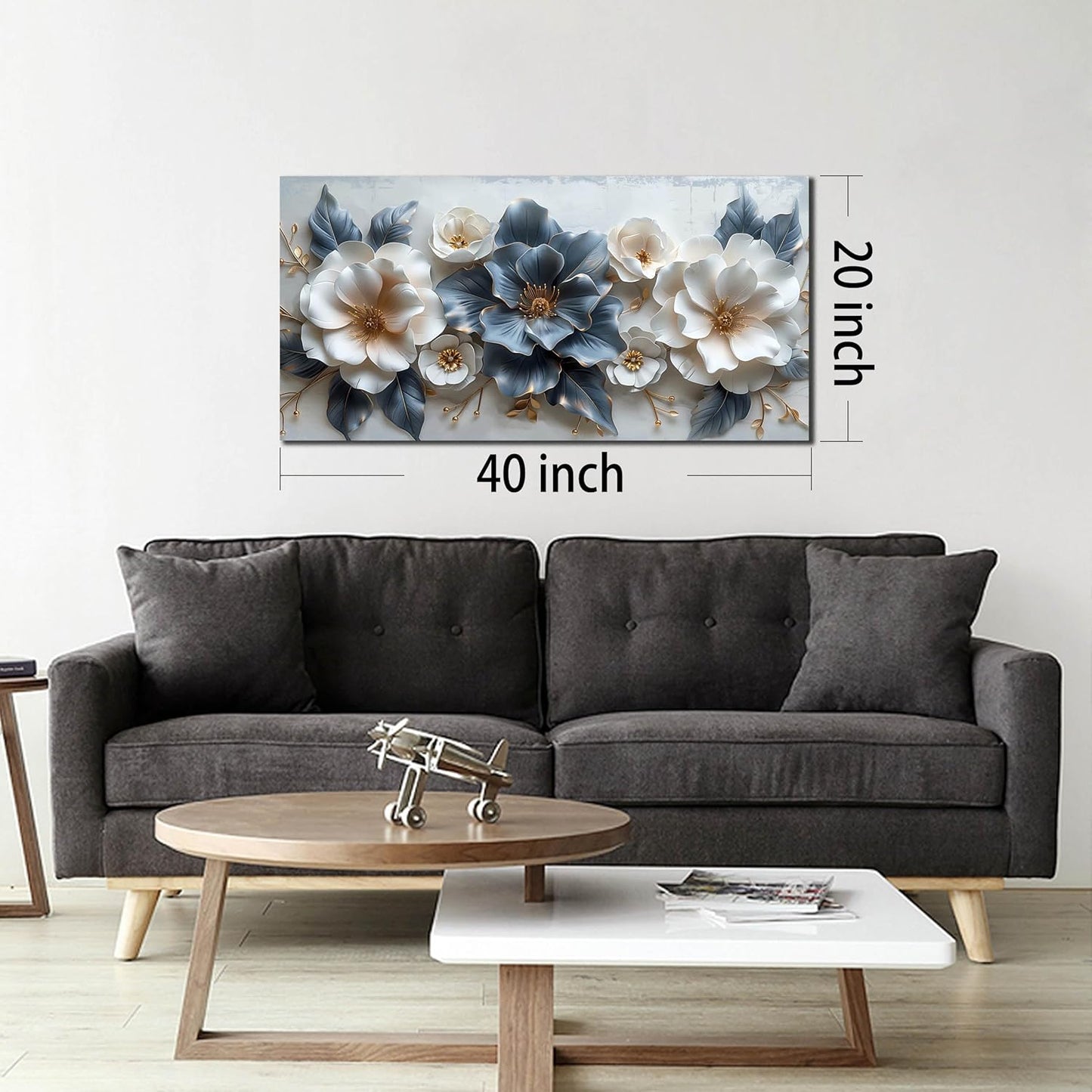 Stunning Blue and White Flower Prints Wall Art - Aesthetic 20" X 40" Decor for Living Room, Office, and Bedroom