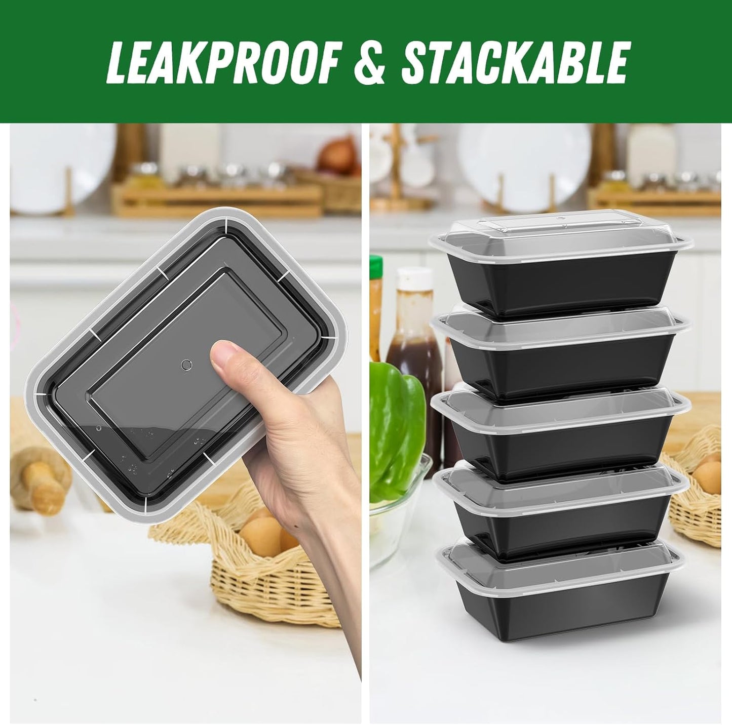 50 Pack of 24 Oz Reusable Meal Prep Containers - Leakproof, Food Safe, Microwave & Dishwasher Safe with Lids for Convenient Food Storage