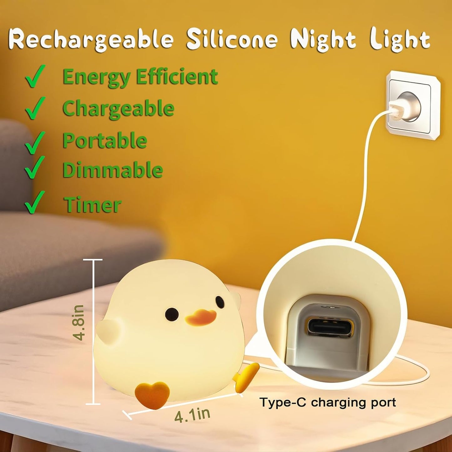 Adorable Pea Duck Night Light - Dimmable Silicone Ducky Lamp for Kids, Rechargeable Touch Bedside Light & Perfect Room Decor Gift