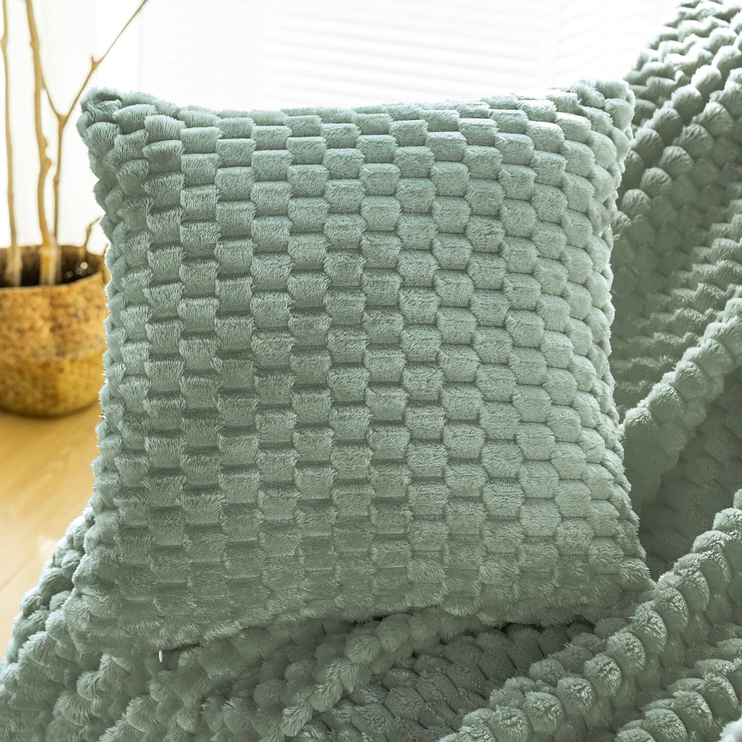 Sage Green Flannel Throw Blanket with Pillow Cover - Cozy 300 GSM Fleece for All Seasons, Perfect for Bed & Sofa (50x71 Inches)