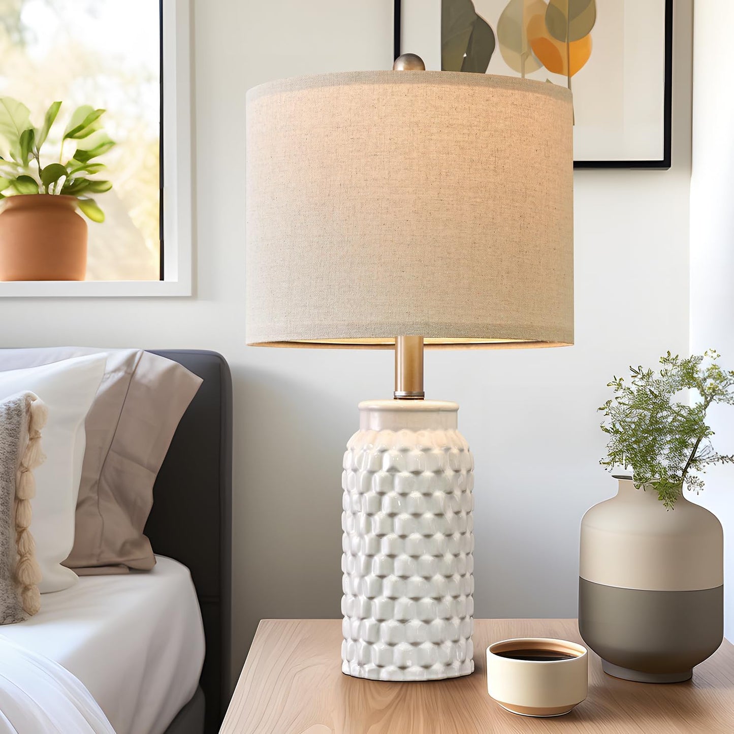 Set of 2 Stylish 20.5" White Modern Ceramic Bedside Lamps - Perfect for Bedroom, Living Room, or Office Decor