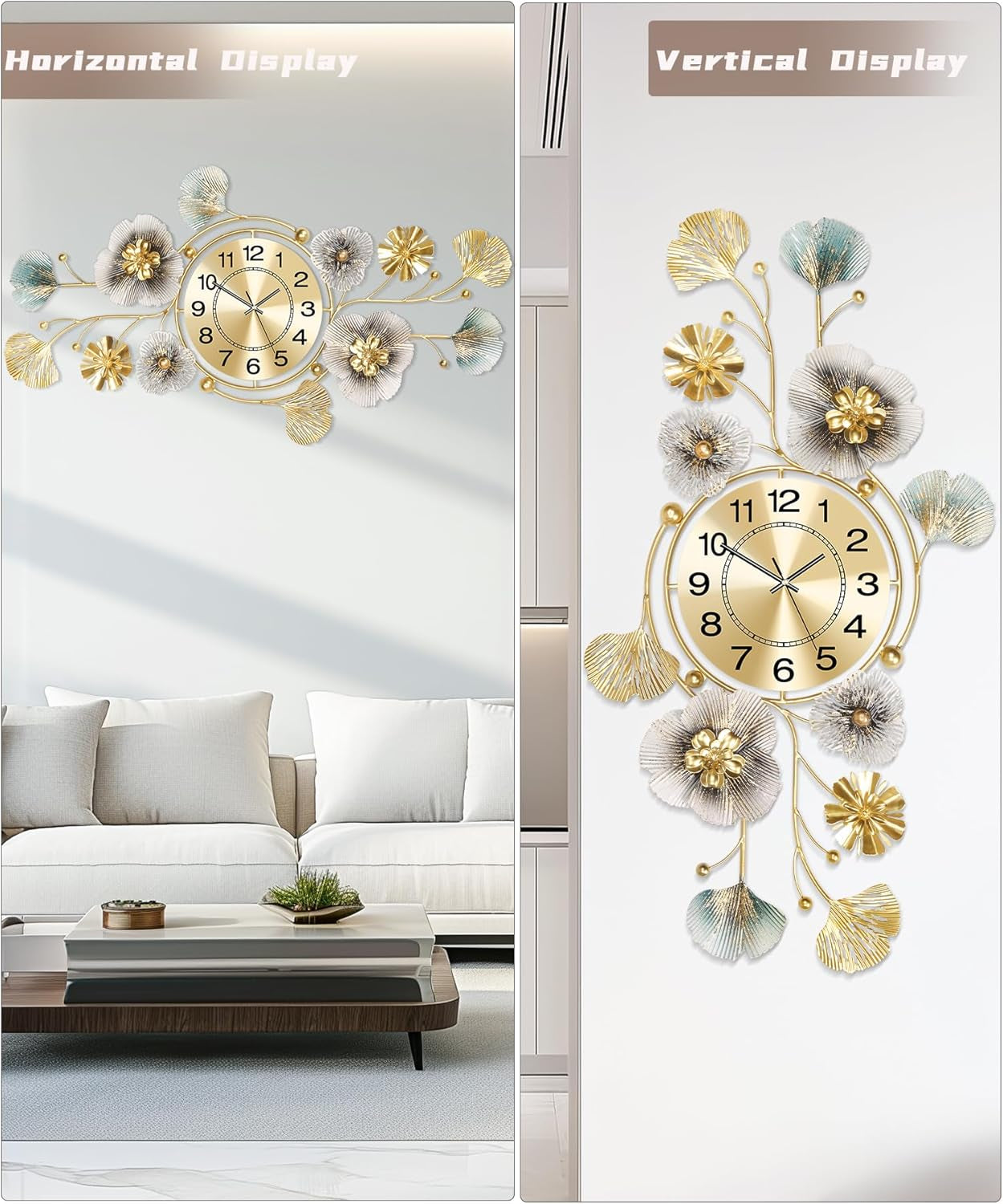 Elegant 3D Metal Ginkgo Leaf Wall Clock - Silent Large Decor for Living Room, Versatile Vertical or Horizontal Display (33''X14'')