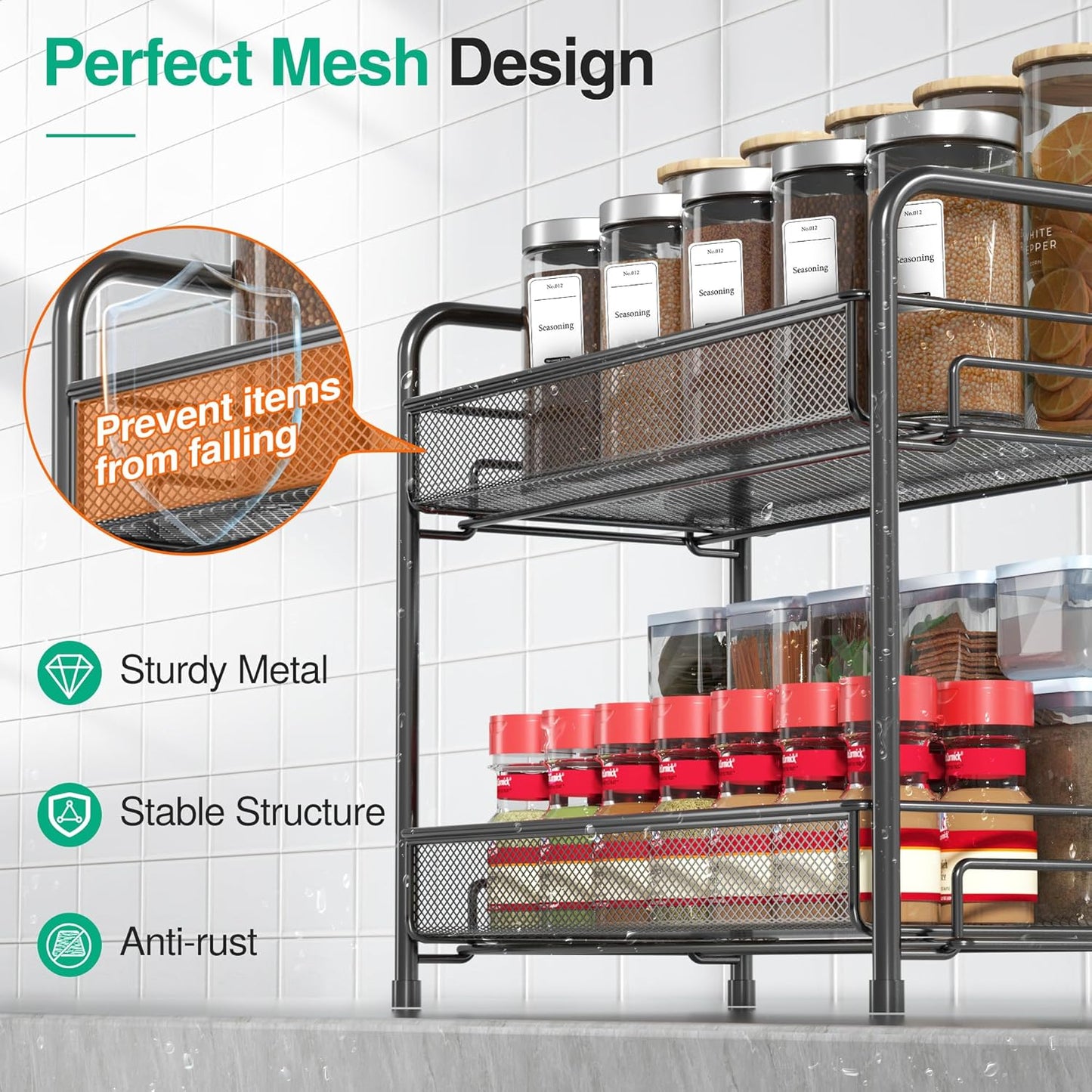 2-Tier Foldable Spice Rack Organizer - Rust-Proof Metal Seasoning Shelf with Guardrail & Mesh Design for Kitchen, Bathroom, Living Room, and Pantry - Sleek Black Finish