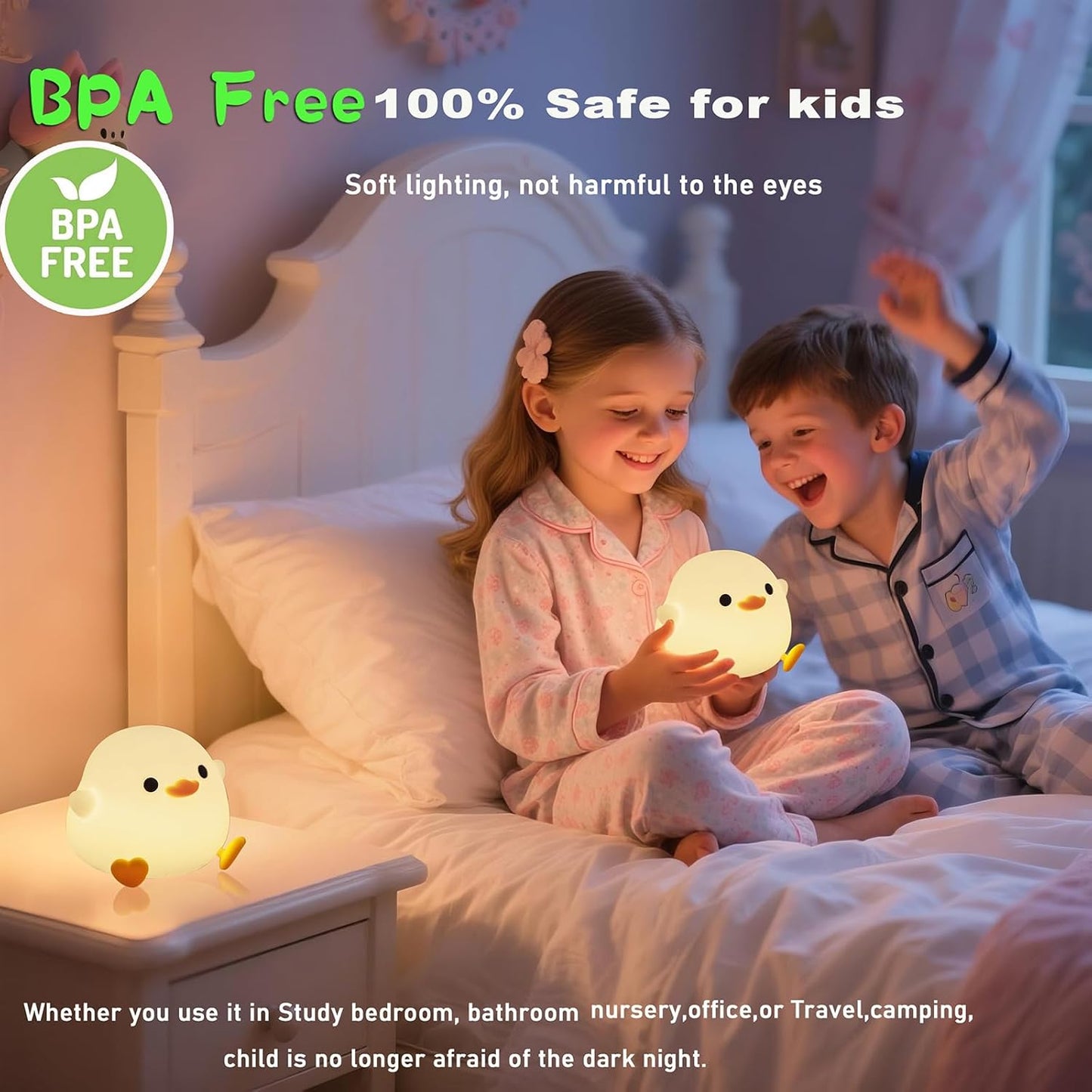 Adorable Pea Duck Night Light - Dimmable Silicone Ducky Lamp for Kids, Rechargeable Touch Bedside Light & Perfect Room Decor Gift