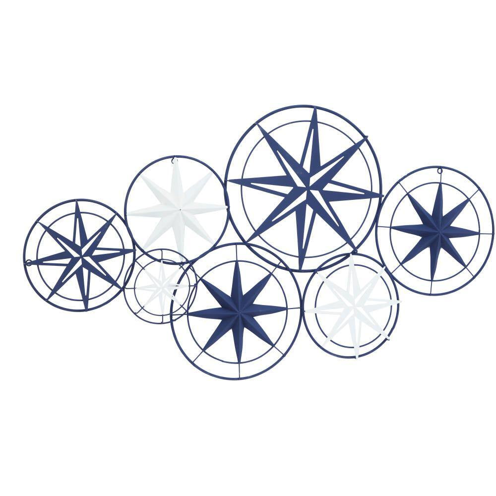 48 In.X 26 In. Metal Blue Indoor Outdoor Cutout Compass Star Wall Decor W/Overlapping Circular Frames and White Accents