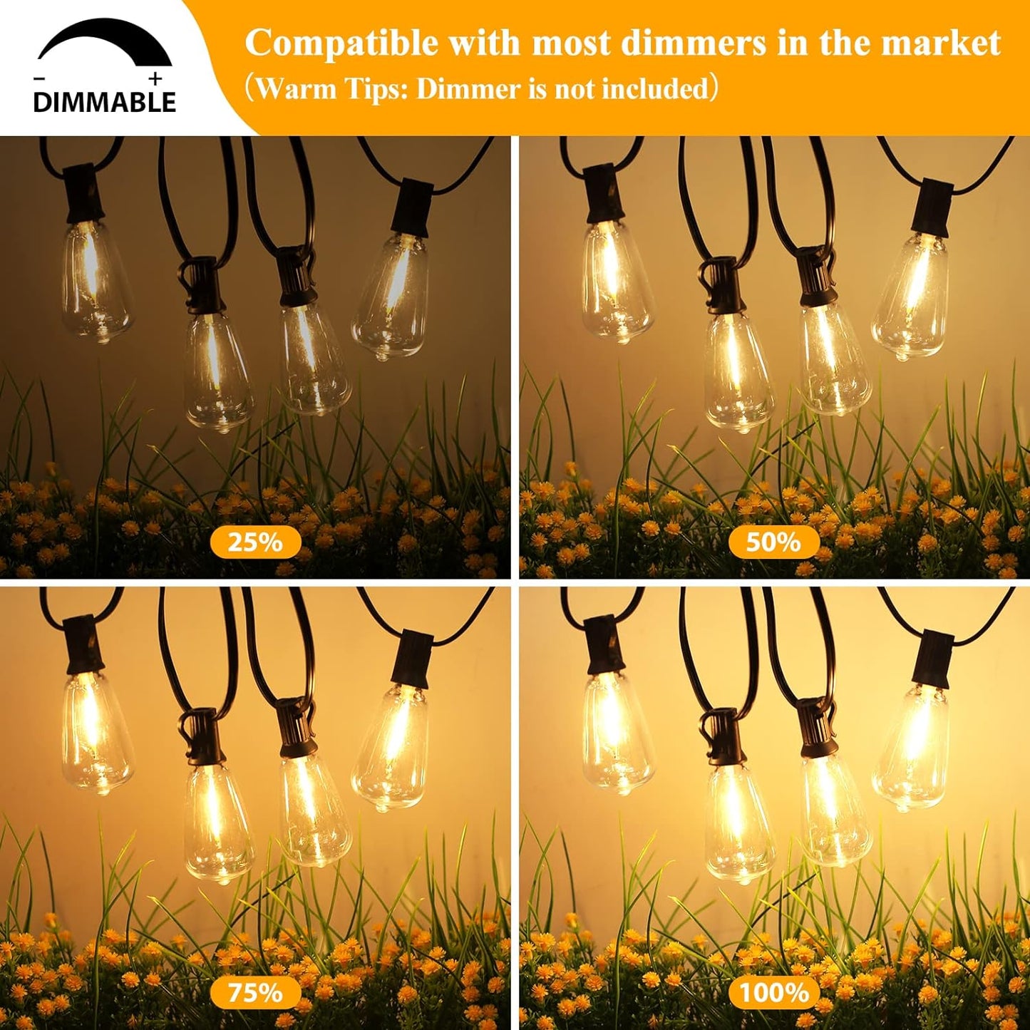 100FT LED Outdoor String Lights - 52 Shatterproof Vintage Edison Bulbs, Waterproof & Dimmable for Patio, Garden, Deck, and Balcony