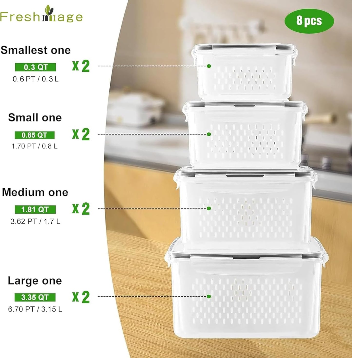 4-Piece Airtight Fruit Storage Containers with Removable Colander - Keep Berries and Vegetables Fresh Longer in the Fridge, Dishwasher Safe Produce Saver