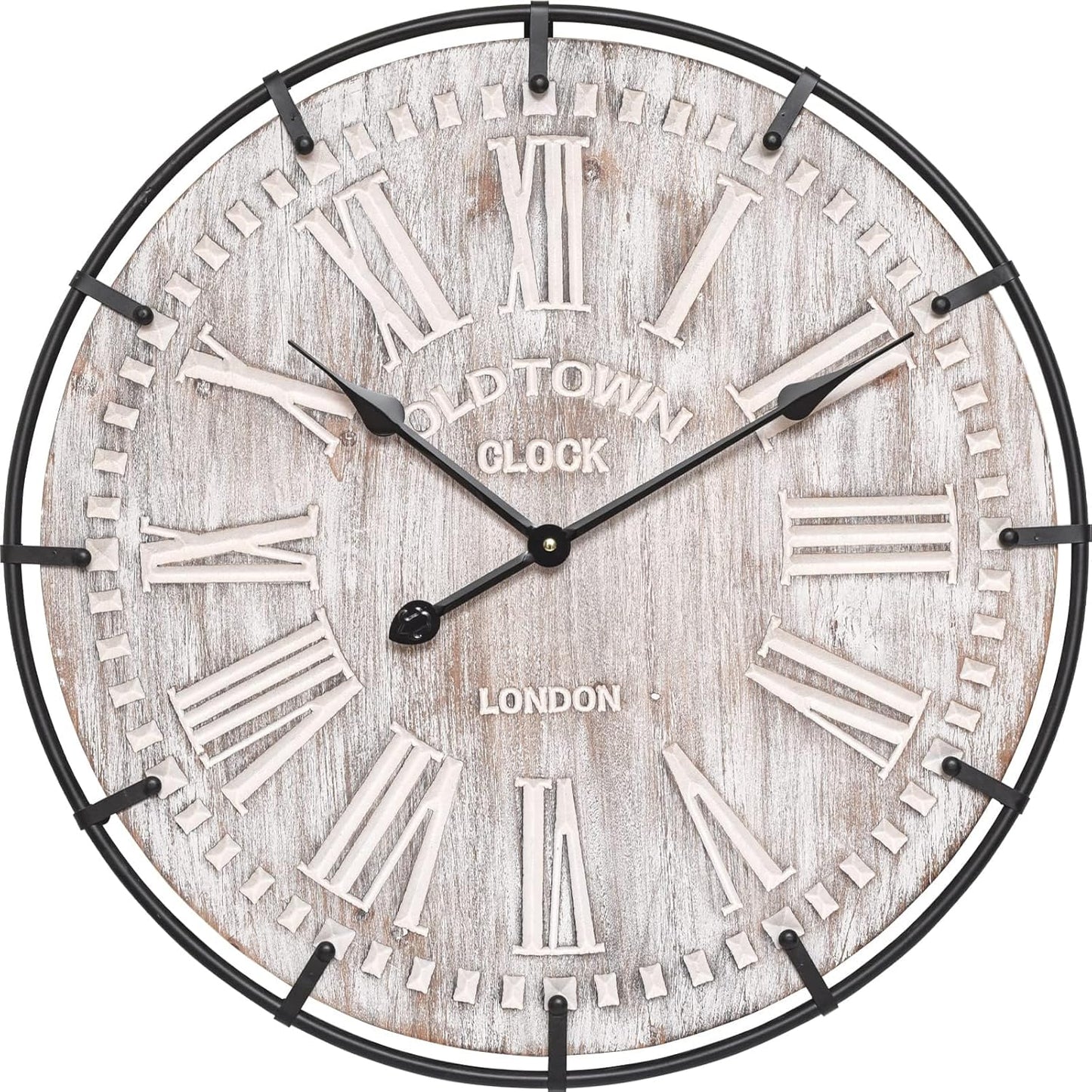 Rustic 24-Inch Farmhouse Wall Clock - Antique Wood & Metal Design with Large Engraved Numerals, Silent Battery Operated for Office, Kitchen, Bedroom & Living Room