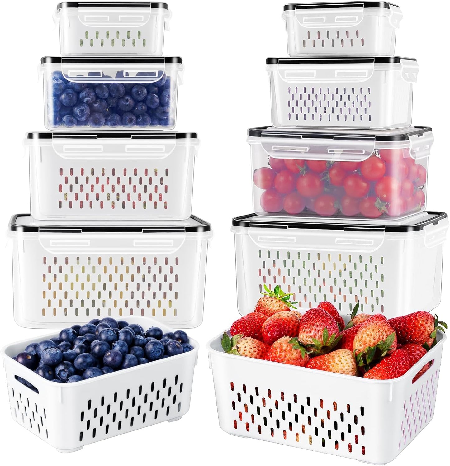 4-Piece Airtight Fruit Storage Containers with Removable Colander - Keep Berries and Vegetables Fresh Longer in the Fridge, Dishwasher Safe Produce Saver