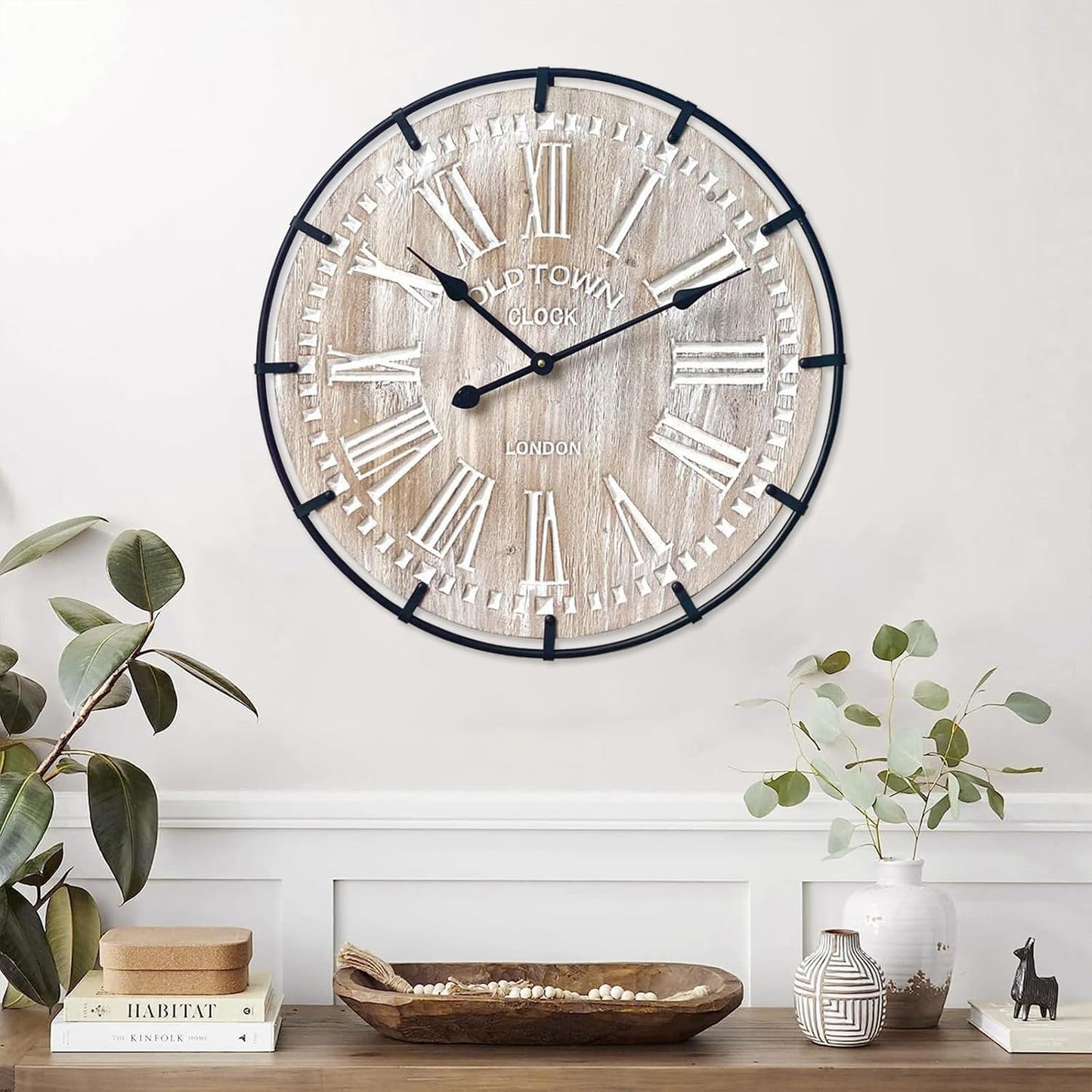 Rustic 24-Inch Farmhouse Wall Clock - Antique Wood & Metal Design with Large Engraved Numerals, Silent Battery Operated for Office, Kitchen, Bedroom & Living Room