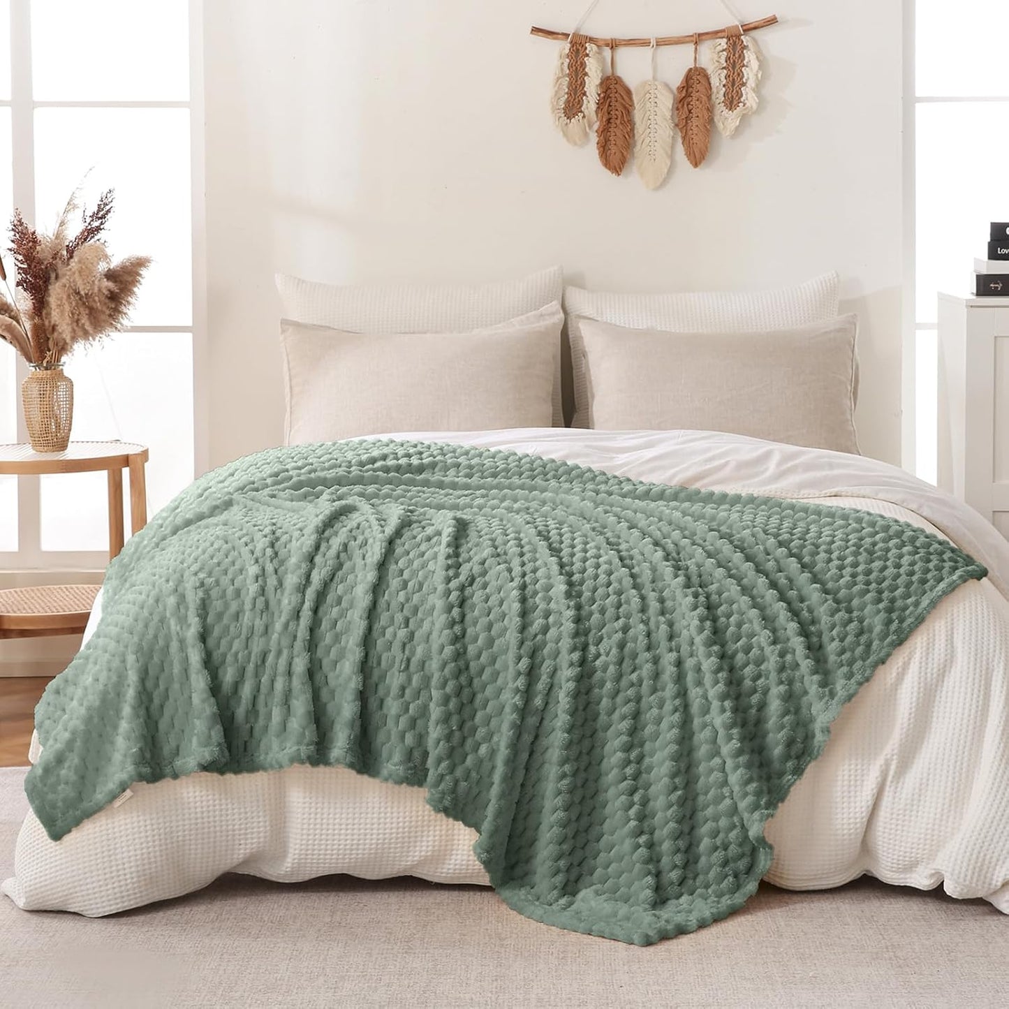 Sage Green Flannel Throw Blanket with Pillow Cover - Cozy 300 GSM Fleece for All Seasons, Perfect for Bed & Sofa (50x71 Inches)