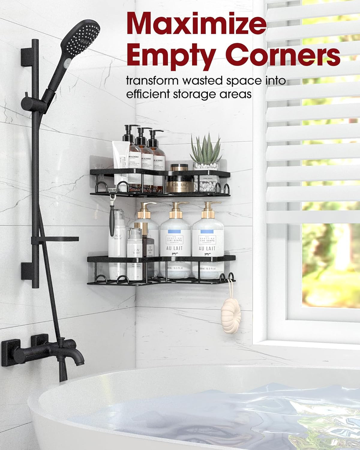 Space-Saving Corner Shower Caddy - 2 Pack, Rustproof Stainless Steel Shelves with 8 Hooks, No Drilling Bathroom Organizers in Black