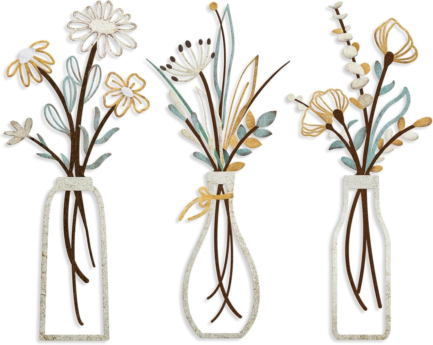 Chic Rustic Metal Flower Wall Art Set - 3 Pieces Beige Minimalist Decor for Living Room, Bathroom, Bedroom, Dining Room - Perfect Housewarming Gift!