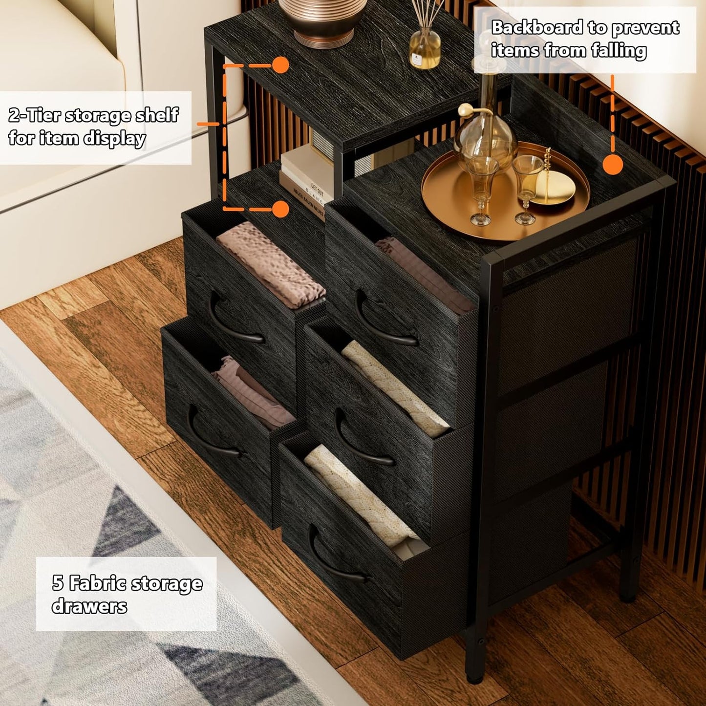 Stylish 5-Drawer Black Dresser with 2-Tier Shelf - Modern Fabric Storage Solution for Bedroom and Closet Organization
