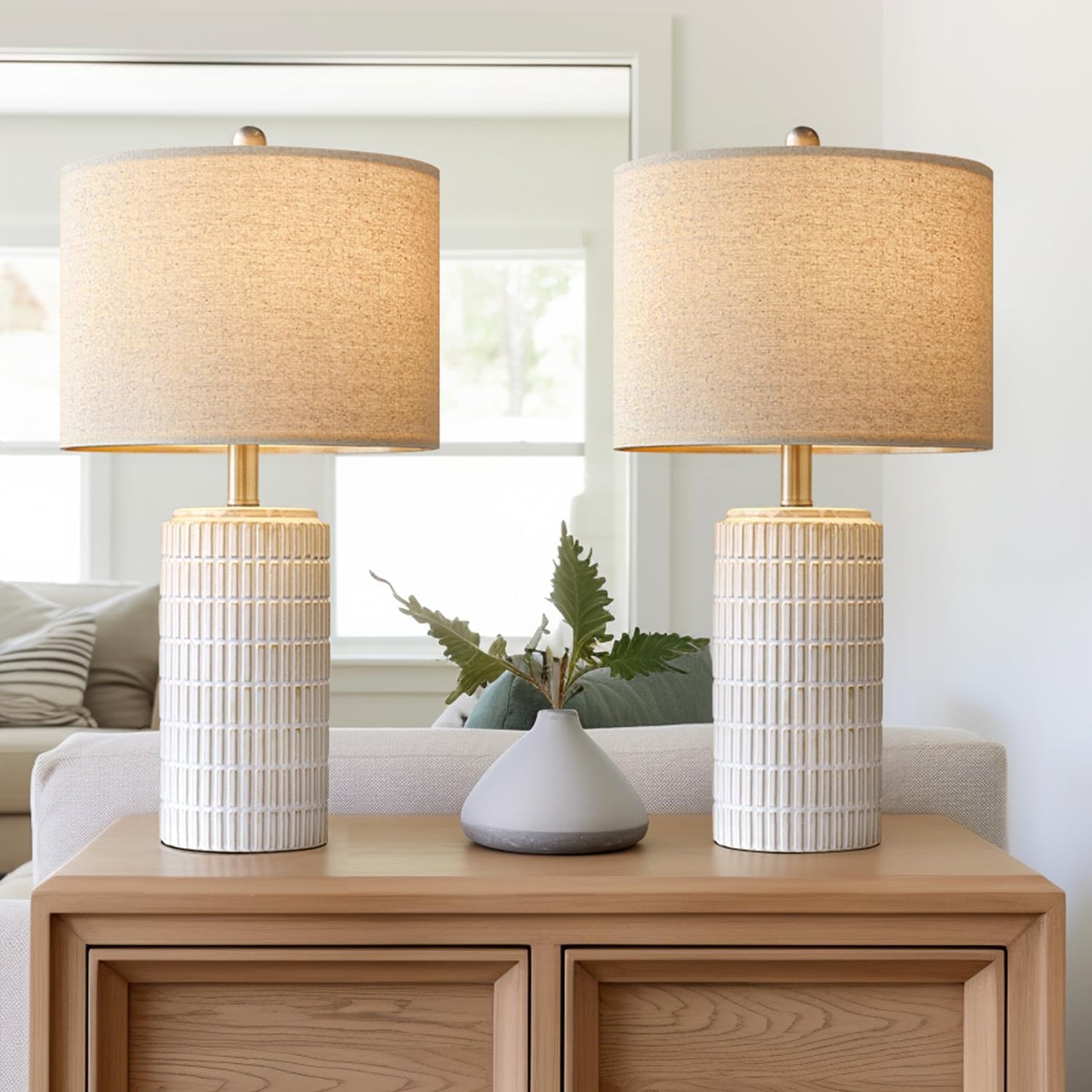 Set of 2 23" Modern Ceramic Table Lamps - Stylish White & Beige Design for Living Room, Bedroom, and Nightstand
