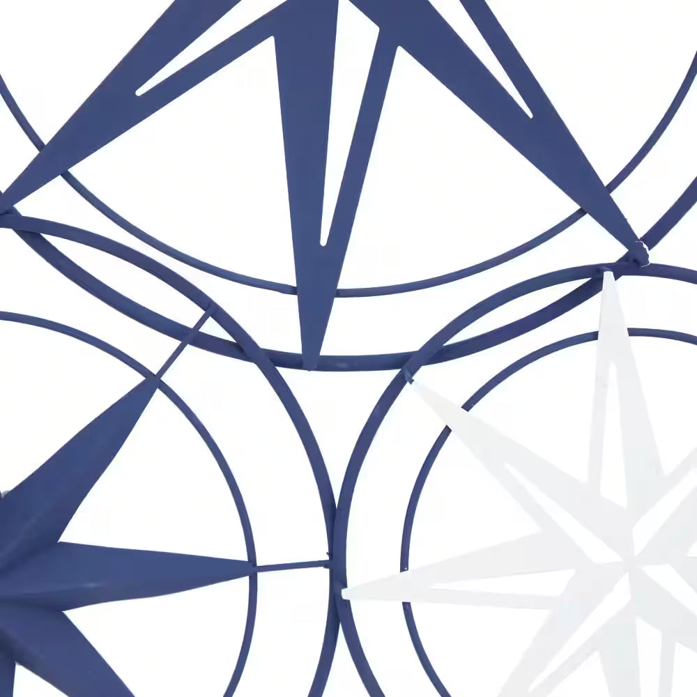 48 In.X 26 In. Metal Blue Indoor Outdoor Cutout Compass Star Wall Decor W/Overlapping Circular Frames and White Accents