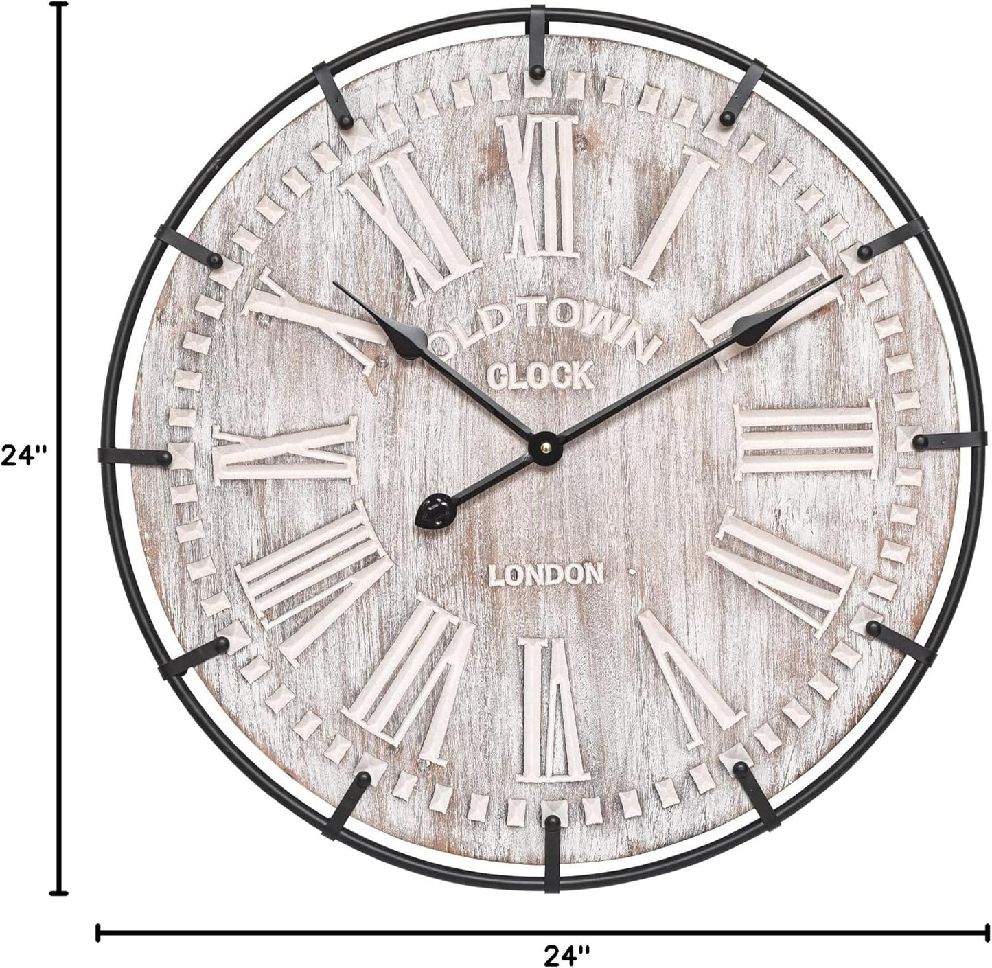 Rustic 24-Inch Farmhouse Wall Clock - Antique Wood & Metal Design with Large Engraved Numerals, Silent Battery Operated for Office, Kitchen, Bedroom & Living Room