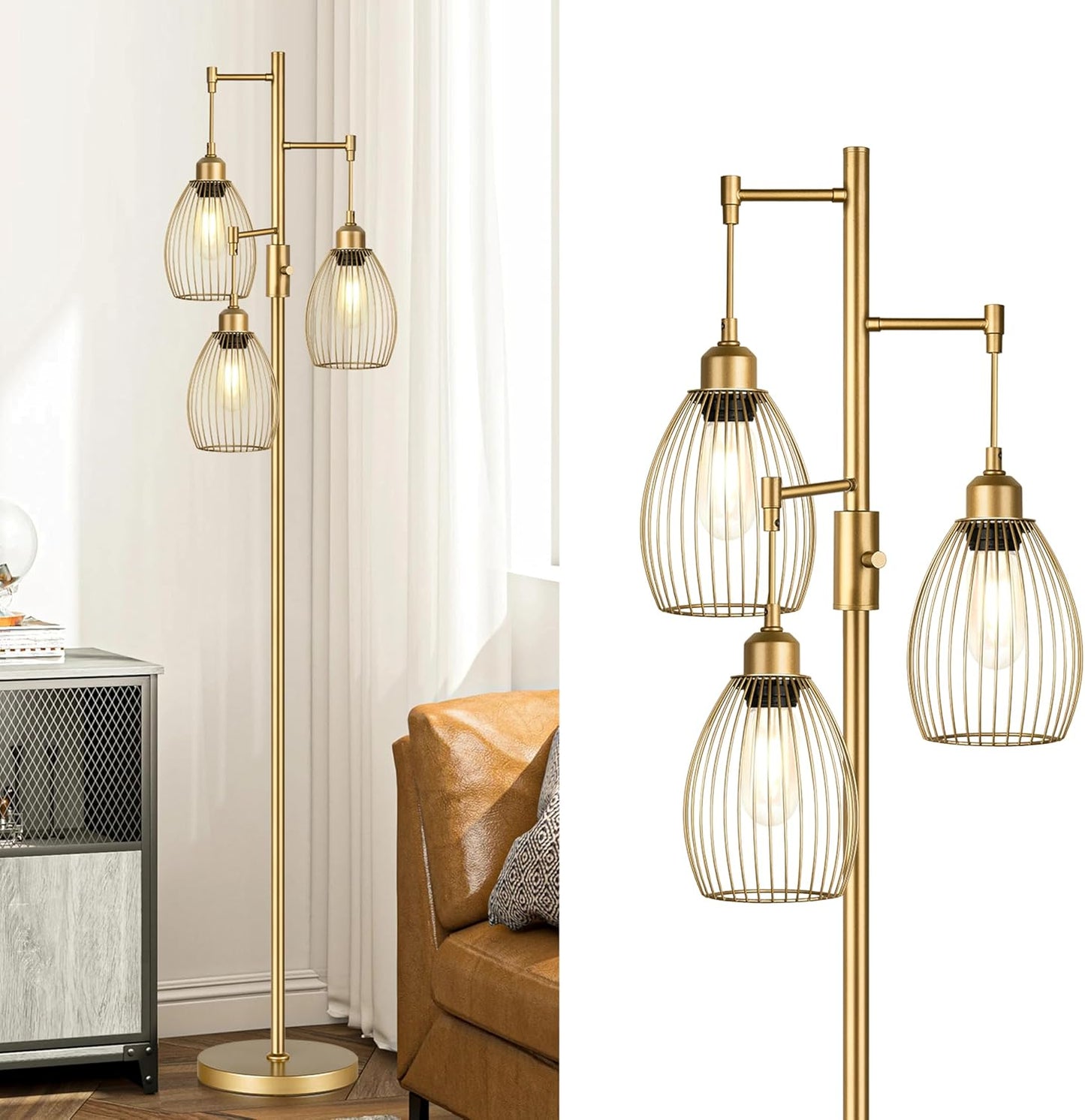 Elegant Dimmable Gold Tree Floor Lamp with Teardrop Cage Heads - 800 Lumens LED Lighting for Living Room and Bedroom