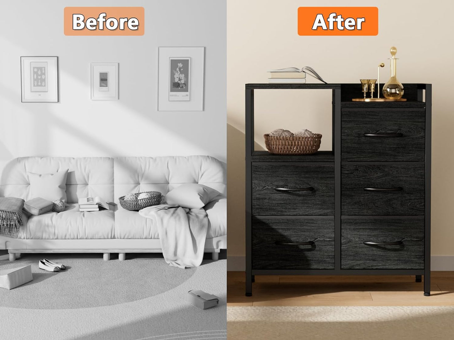 Stylish 5-Drawer Black Dresser with 2-Tier Shelf - Modern Fabric Storage Solution for Bedroom and Closet Organization