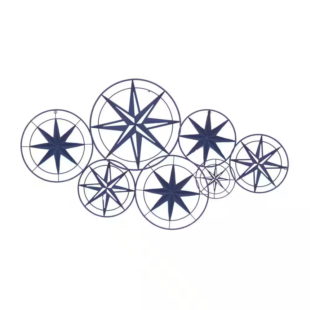 48 In.X 26 In. Metal Blue Indoor Outdoor Cutout Compass Star Wall Decor W/Overlapping Circular Frames and White Accents