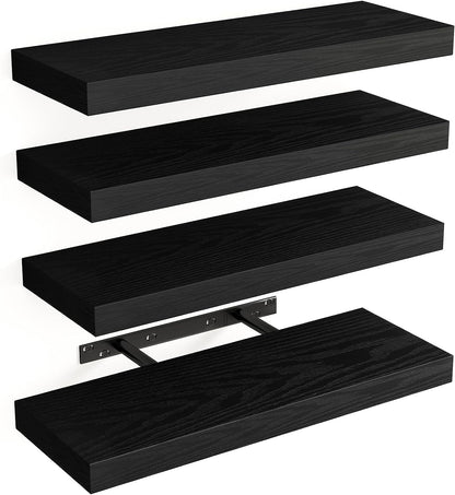 Stylish Rustic Floating Shelves - Set of 4 Black Wall-Mounted Wood Shelves for Home Decor, Storage, and Organization (15.8 Inch)