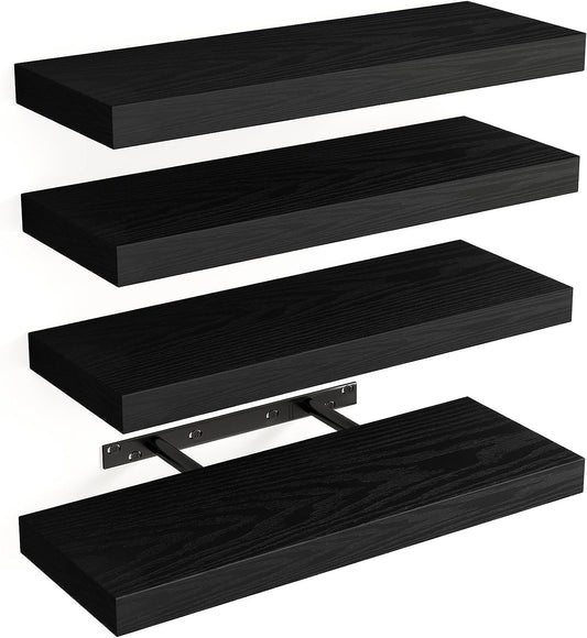 Stylish Rustic Floating Shelves - Set of 4 Black Wall-Mounted Wood Shelves for Home Decor, Storage, and Organization (15.8 Inch)