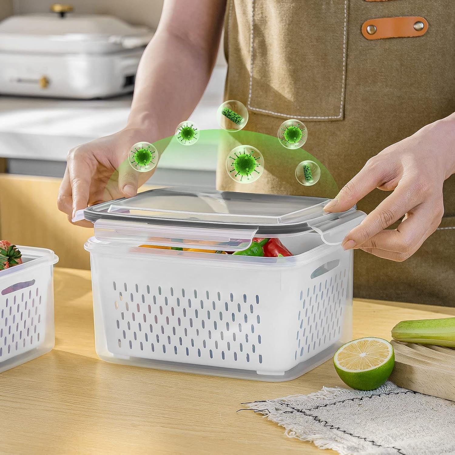 4-Piece Airtight Fruit Storage Containers with Removable Colander - Keep Berries and Vegetables Fresh Longer in the Fridge, Dishwasher Safe Produce Saver