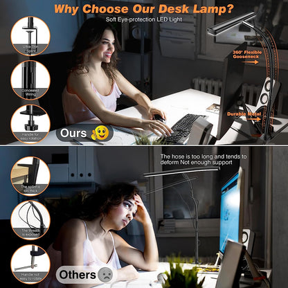 Versatile LED Desk Lamp with Stepless Dimming & Flexible Gooseneck - Eye-Caring Light for Office, Home, and Study (Black)