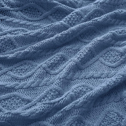 Cozy Dusty Blue Cable Knit Throw Blanket & Pillow Set - Soft Decorative Couch & Bed Essentials (50"x60" Blanket + 2 Pillow Covers)