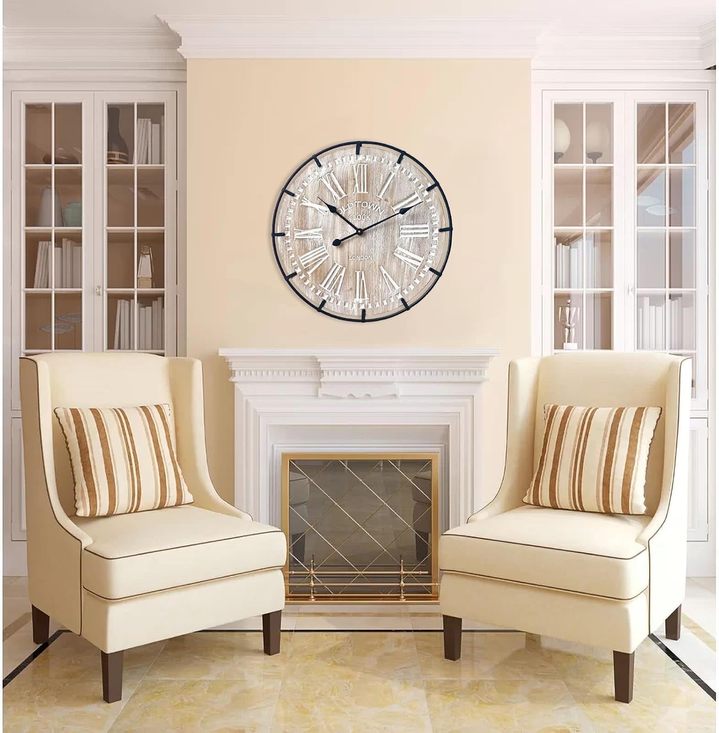 Rustic 24-Inch Farmhouse Wall Clock - Antique Wood & Metal Design with Large Engraved Numerals, Silent Battery Operated for Office, Kitchen, Bedroom & Living Room
