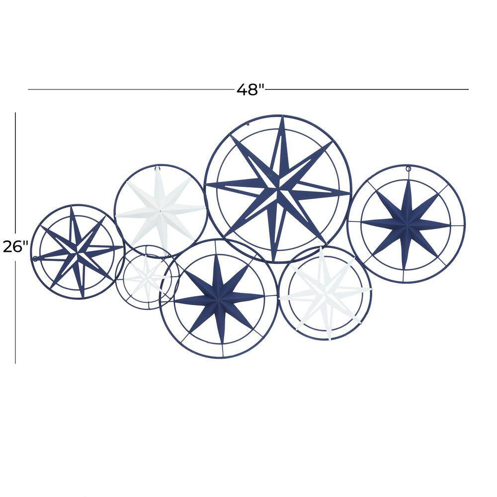 48 In.X 26 In. Metal Blue Indoor Outdoor Cutout Compass Star Wall Decor W/Overlapping Circular Frames and White Accents
