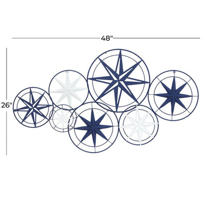 48 In.X 26 In. Metal Blue Indoor Outdoor Cutout Compass Star Wall Decor W/Overlapping Circular Frames and White Accents