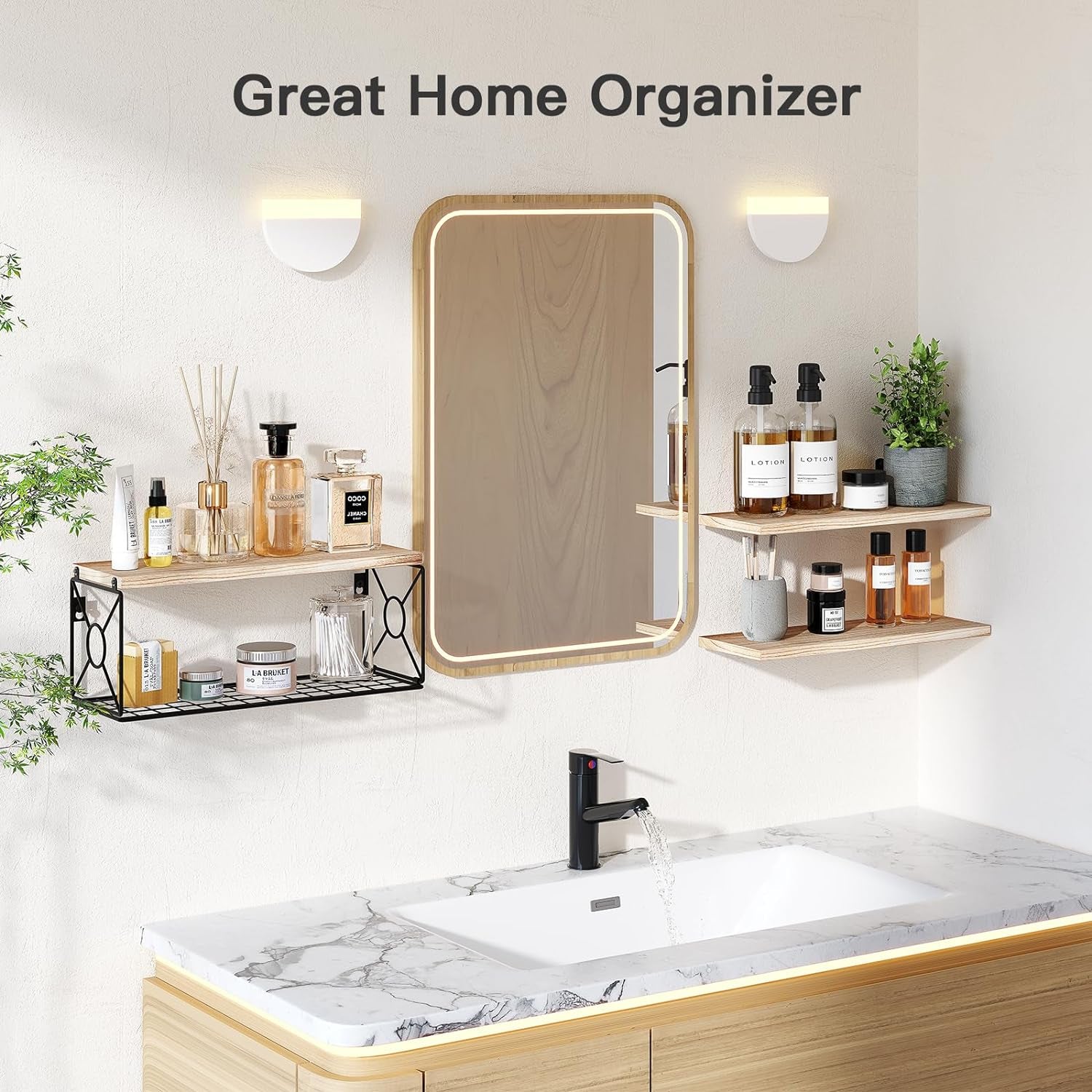 Stylish Natural Wood Over Toilet Shelves with Storage Basket – Perfect for Bathroom, Kitchen, and Living Room Organization & Decor