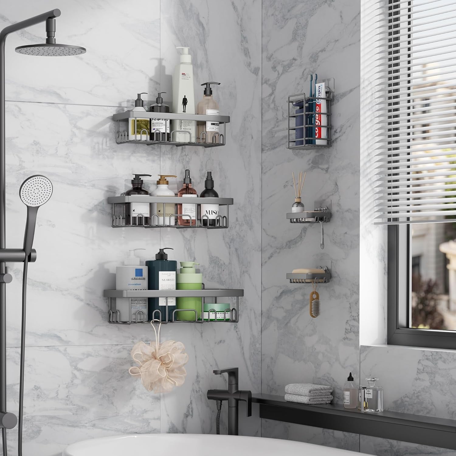 6-Pack Rustproof & Waterproof Shower Caddy - No-Drill Adhesive Shelves for Bathroom, Dorm & Apartment Organization - Stylish Light Grey Design