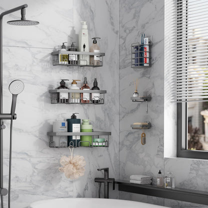 6-Pack Rustproof & Waterproof Shower Caddy - No-Drill Adhesive Shelves for Bathroom, Dorm & Apartment Organization - Stylish Light Grey Design