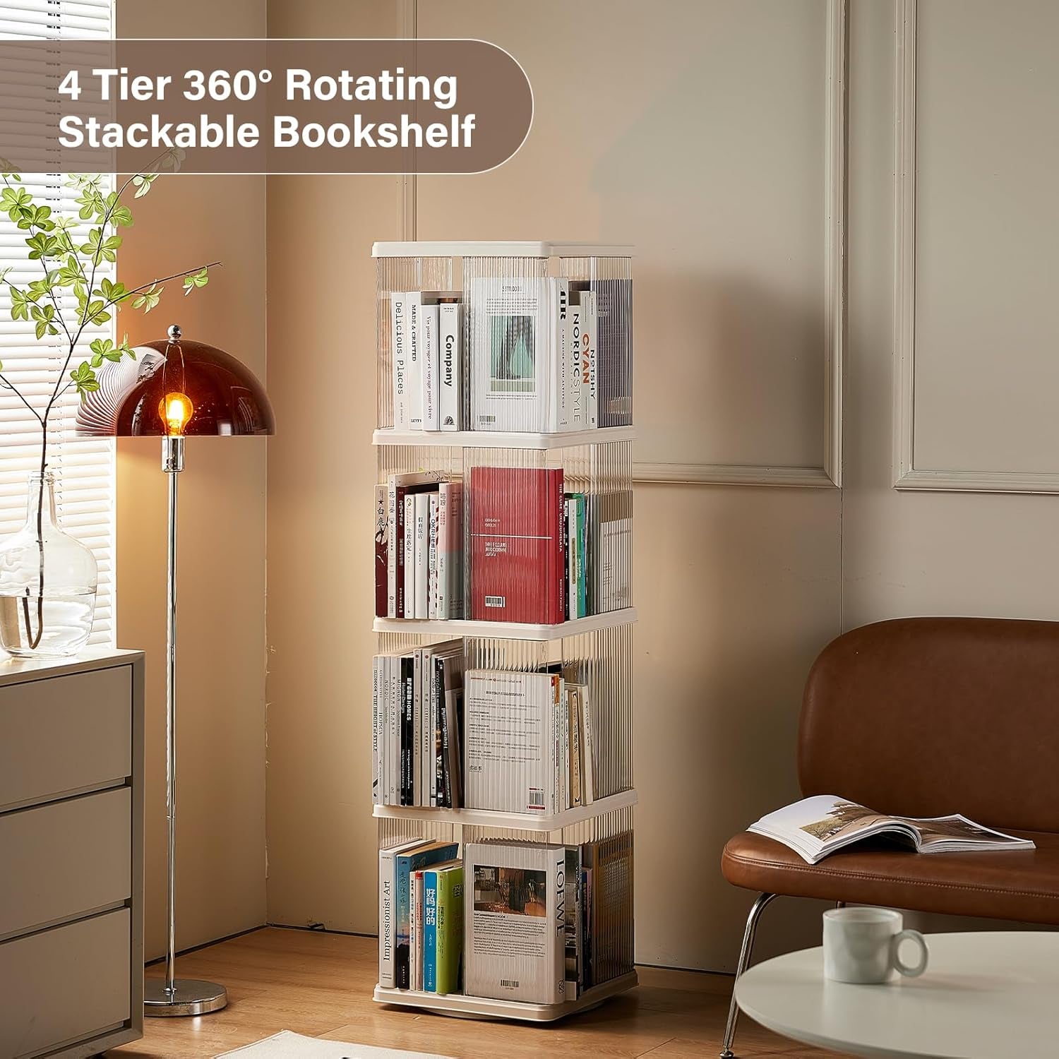 Compact 4-Tier Rotating Bookshelf - Perfect Corner Organizer for Small Spaces, 360-Degree Display Bookcase for Bedroom and Living Room
