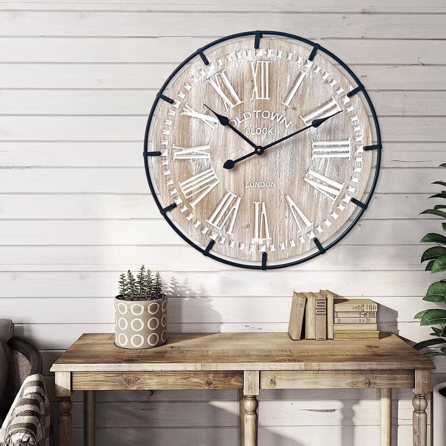 Rustic 24-Inch Farmhouse Wall Clock - Antique Wood & Metal Design with Large Engraved Numerals, Silent Battery Operated for Office, Kitchen, Bedroom & Living Room