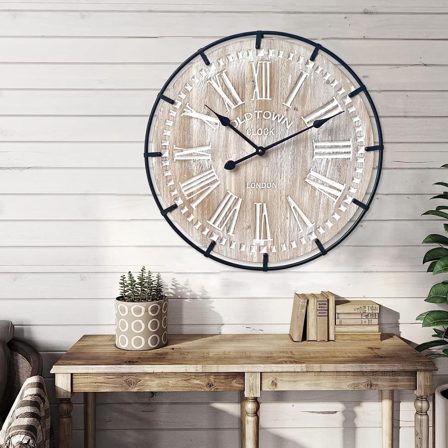 Rustic 24-Inch Farmhouse Wall Clock - Antique Wood & Metal Design with Large Engraved Numerals, Silent Battery Operated for Office, Kitchen, Bedroom & Living Room